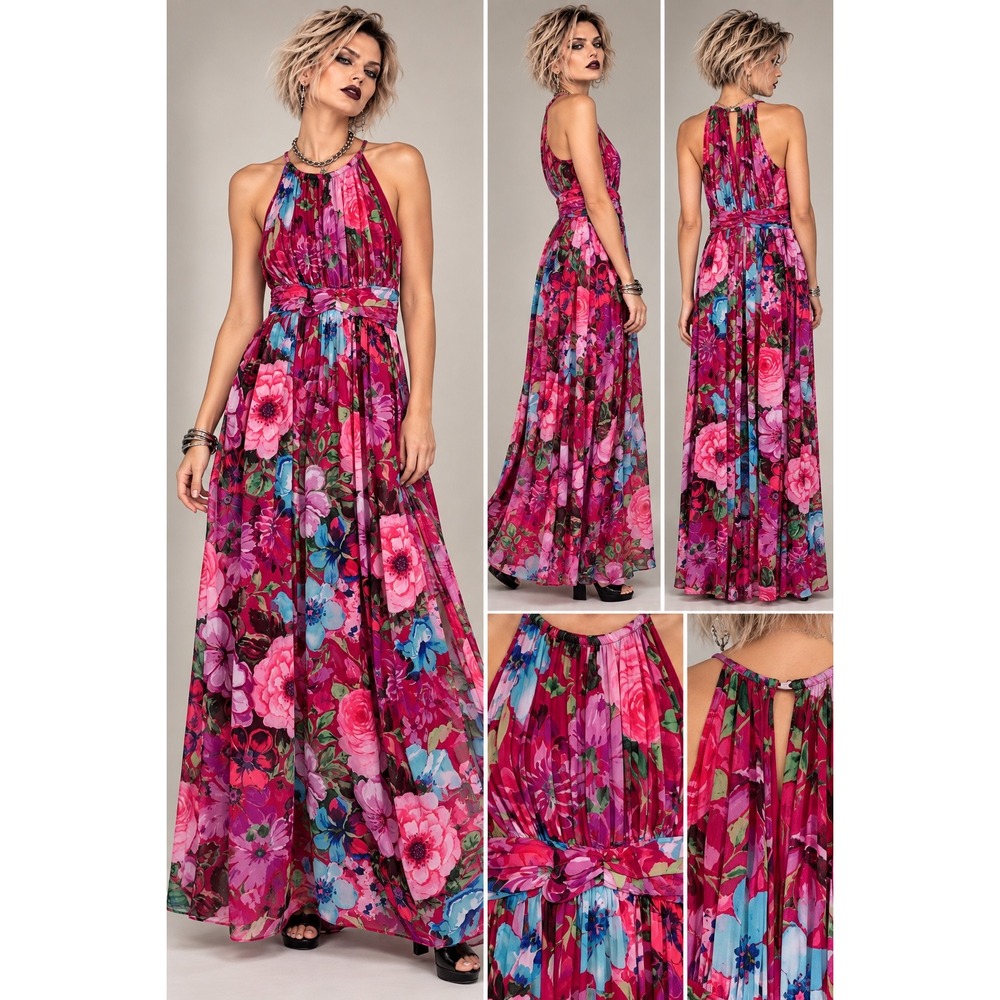 London Times 10 Pink Floral Halter Maxi Dress Tie Waist